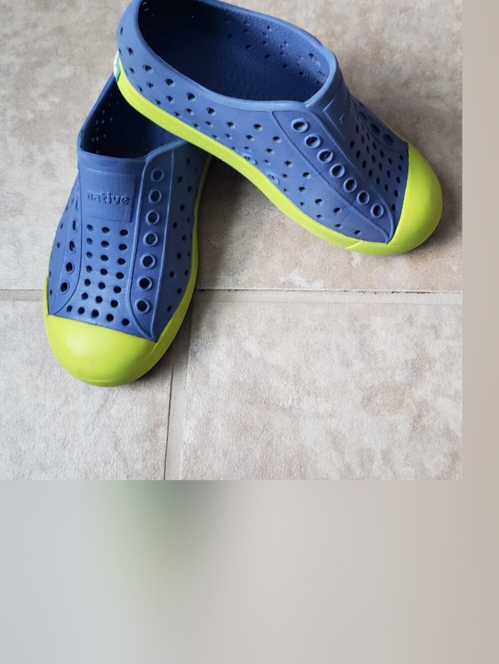 Native Shoes Kids Blue with Neon Yellow Trim Slip-On Water Shoes Size 10